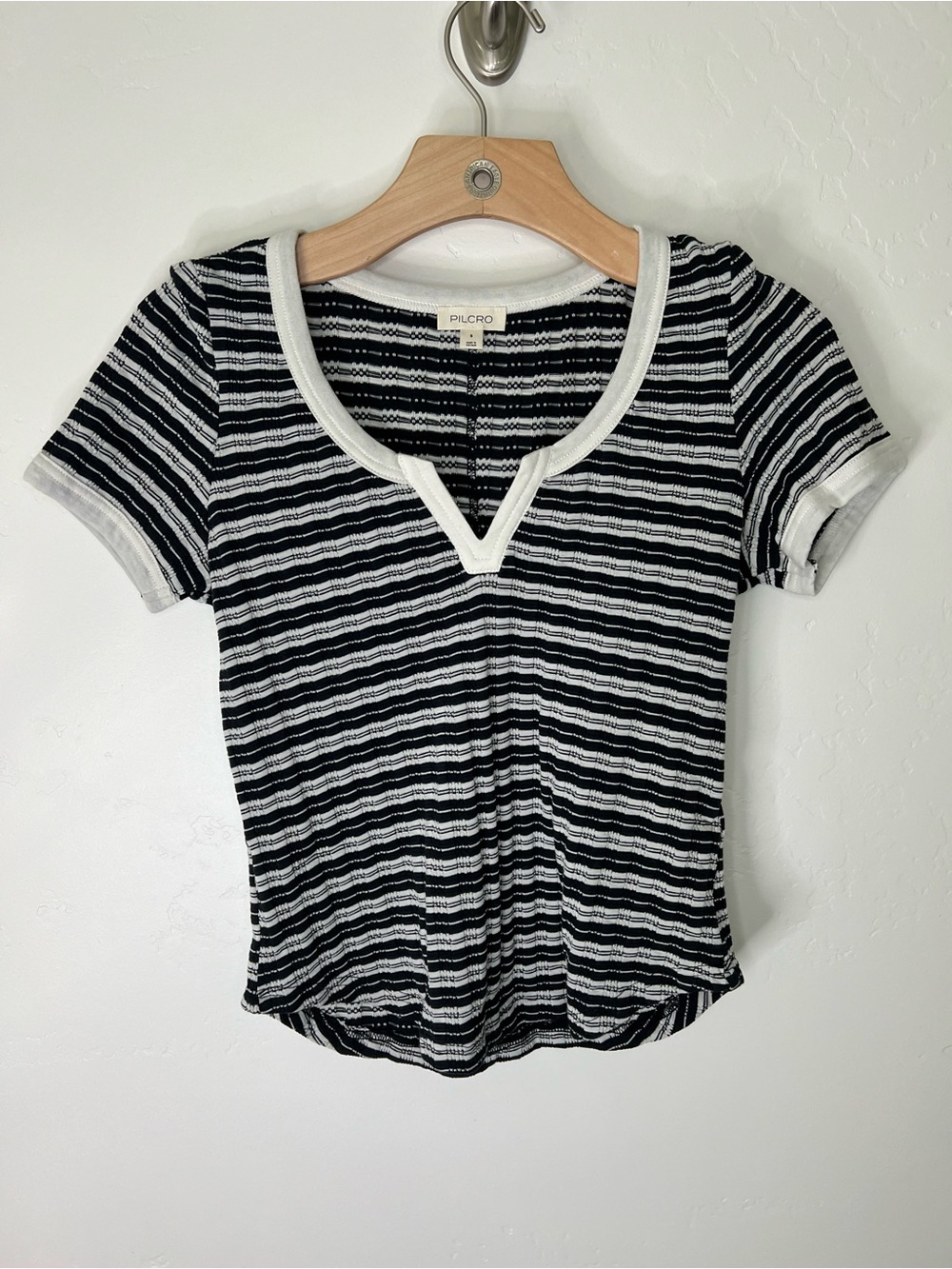 Pilcro Black and White Striped Short Sleeve Tee with Notch Neck
